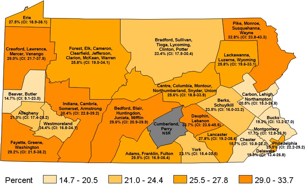 Participated in No Physical Activity in the Past Month, Pennsylvania Health Districts 2018